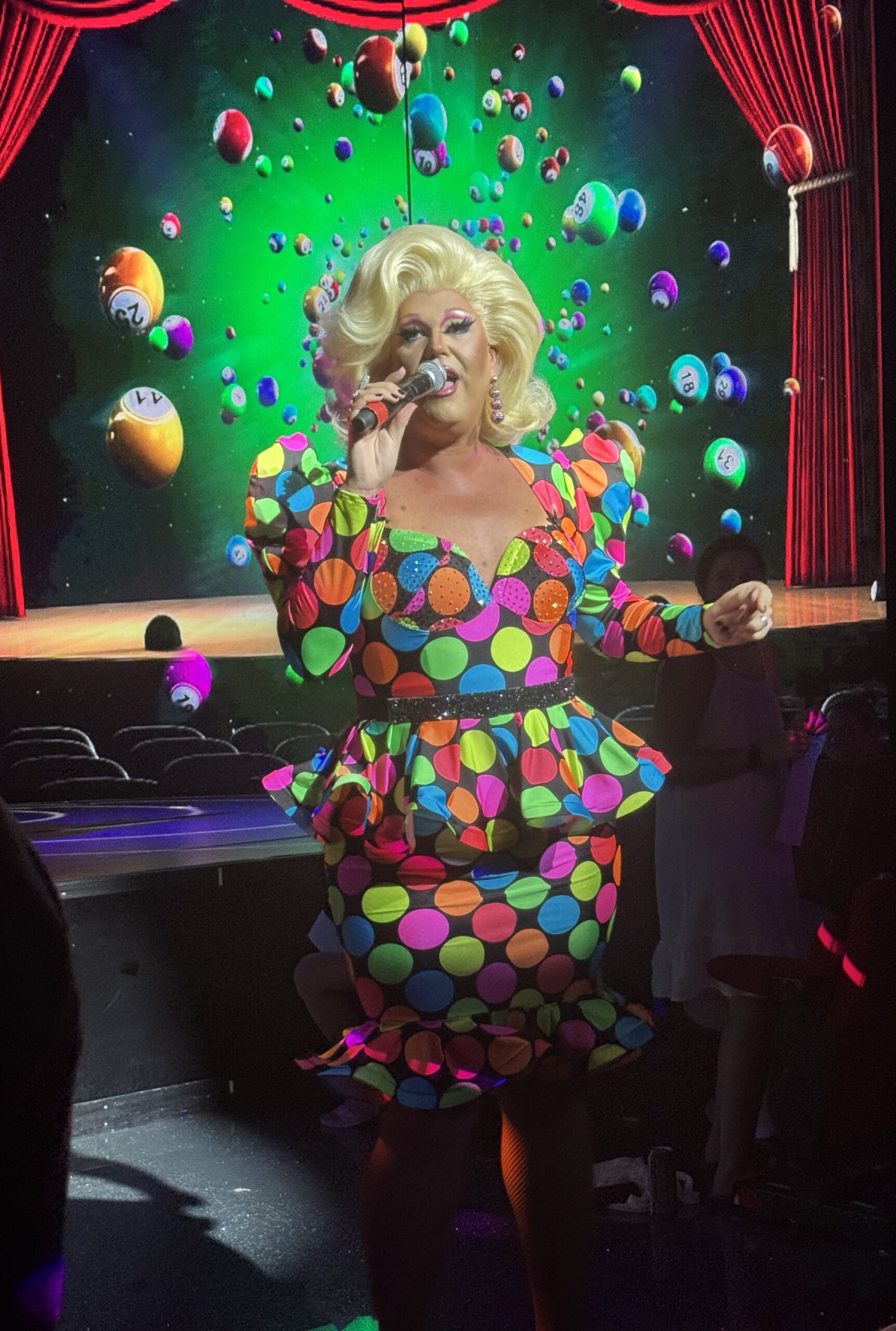 Drag queen singing during bingo