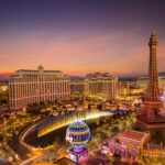 Las Vegas Strip with the Bellagio fountain in the center