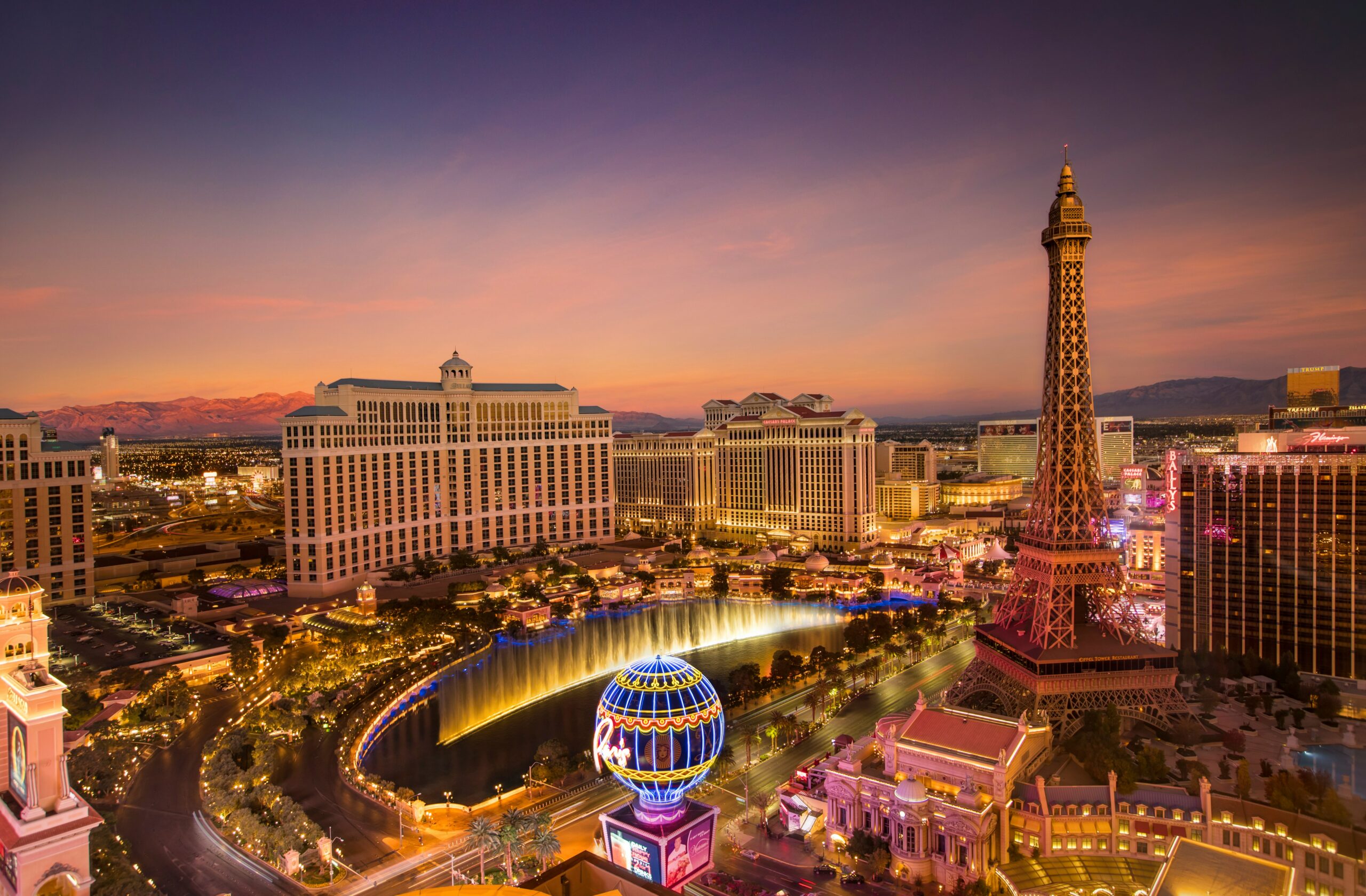 Las Vegas Strip with the Bellagio fountain in the center