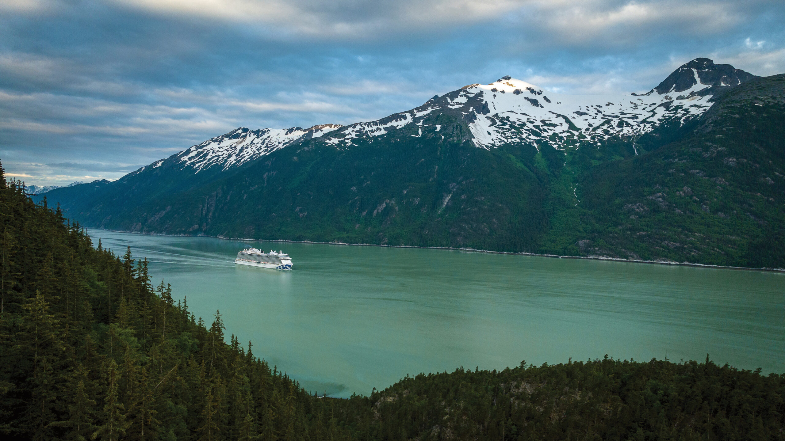 Cruise ship in fjord in alaska