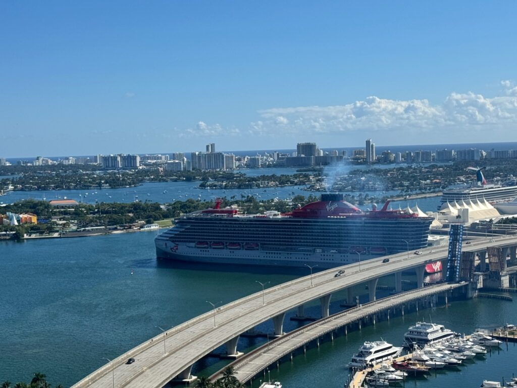Virgin Voyage cruise ship in port